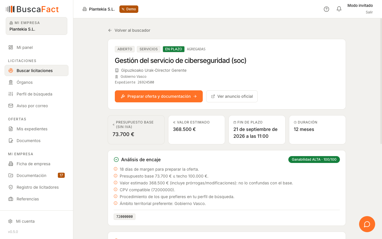Buscafact — Análisis de encaje: por qué esta licitación puntúa 100